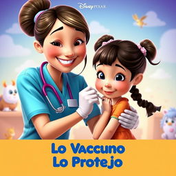 A captivating Disney Pixar movie poster titled 'Lo Vacuno, Lo Protejo', illustrating a caring nurse with a friendly smile, gently administering a vaccination to a small girl