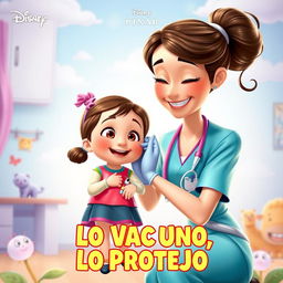 A captivating Disney Pixar movie poster titled 'Lo Vacuno, Lo Protejo', illustrating a caring nurse with a friendly smile, gently administering a vaccination to a small girl