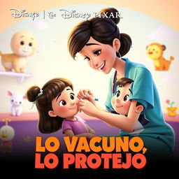 A captivating Disney Pixar movie poster titled 'Lo Vacuno, Lo Protejo', illustrating a caring nurse with a friendly smile, gently administering a vaccination to a small girl