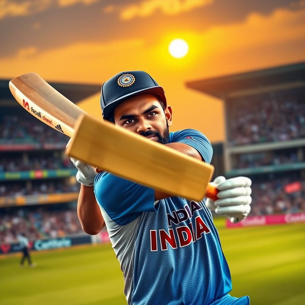 A portrait of Virat Kohli, a well-known Indian cricketer, in an action pose while batting on the cricket field