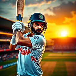 A portrait of Virat Kohli, a well-known Indian cricketer, in an action pose while batting on the cricket field