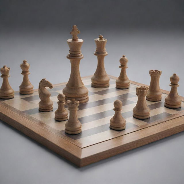 Design a 3D image of a chess game in progress. The holographic indicators display possible moves, potential outcomes, and probabilities for each piece, mid-move, capturing the essence of strategic decision-making.