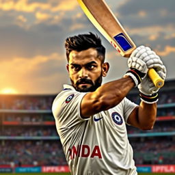 A portrait of Virat Kohli, a well-known Indian cricketer, in an action pose while batting on the cricket field