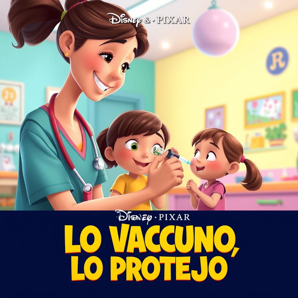 A heartwarming Disney Pixar movie poster titled 'Lo Vacuno, Lo Protejo', showcasing a compassionate nurse gently administering a vaccination with a syringe to a small girl