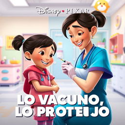 A heartwarming Disney Pixar movie poster titled 'Lo Vacuno, Lo Protejo', showcasing a compassionate nurse gently administering a vaccination with a syringe to a small girl