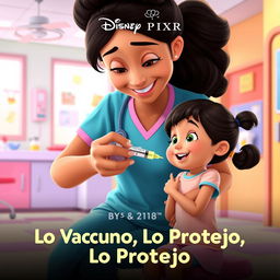 A heartwarming Disney Pixar movie poster titled 'Lo Vacuno, Lo Protejo', showcasing a compassionate nurse gently administering a vaccination with a syringe to a small girl