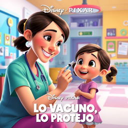 A heartwarming Disney Pixar movie poster titled 'Lo Vacuno, Lo Protejo', showcasing a compassionate nurse gently administering a vaccination with a syringe to a small girl