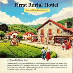 A historical depiction of the first Rural Hotel in a picturesque village setting, known as Hotel Rural da Nossa Senhora do Ouro