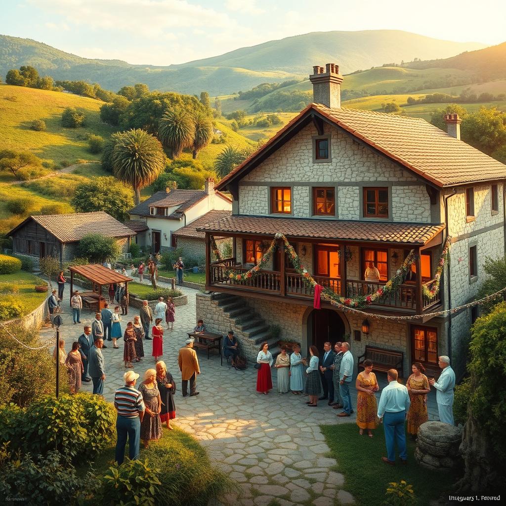 A historical depiction of the first Rural Hotel in a picturesque village setting, known as Hotel Rural da Nossa Senhora do Ouro