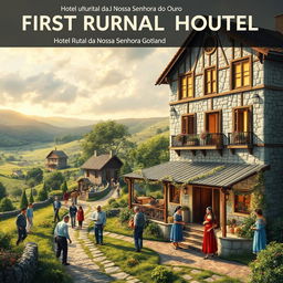 A historical depiction of the first Rural Hotel in a picturesque village setting, known as Hotel Rural da Nossa Senhora do Ouro