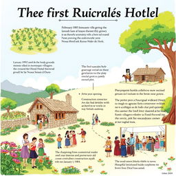 A historical illustration depicting the first Rural Hotel in a beautiful village landscape, known as Hotel Rural da Nossa Senhora do Ouro