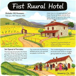 A historical illustration depicting the first Rural Hotel in a beautiful village landscape, known as Hotel Rural da Nossa Senhora do Ouro