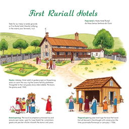 A historical illustration depicting the first Rural Hotel in a beautiful village landscape, known as Hotel Rural da Nossa Senhora do Ouro