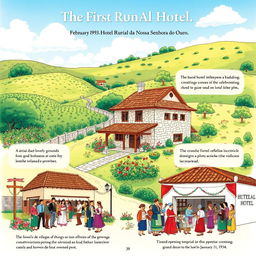 A historical illustration depicting the first Rural Hotel in a beautiful village landscape, known as Hotel Rural da Nossa Senhora do Ouro