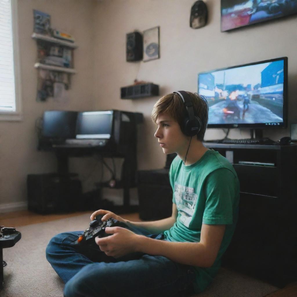 A teenage boy engrossed in playing video games in his room, surrounded by simple but modern gaming gadgets.