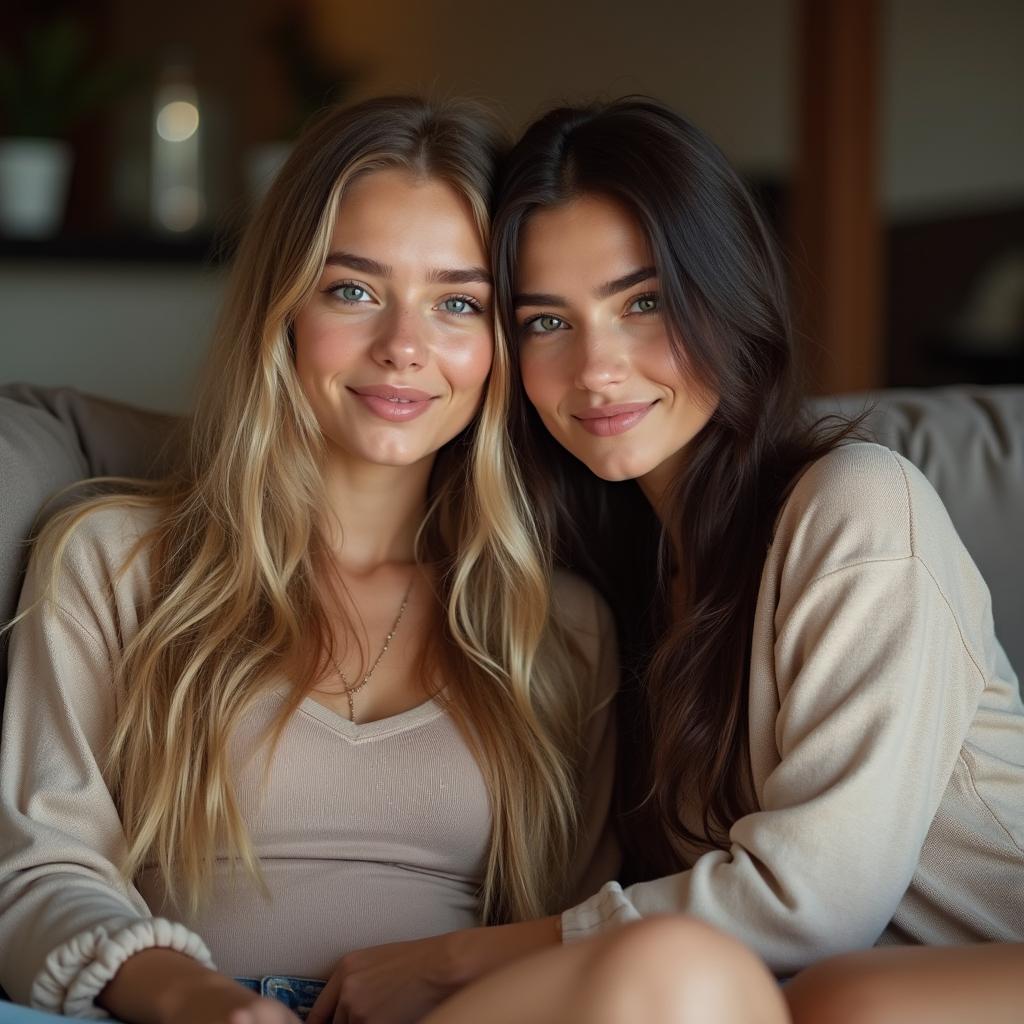 A high-resolution, high-quality Full HD 4K photograph featuring two beautiful young women, one with very long wavy blonde hair and blue eyes, and her girlfriend who has stunning dark brown hair