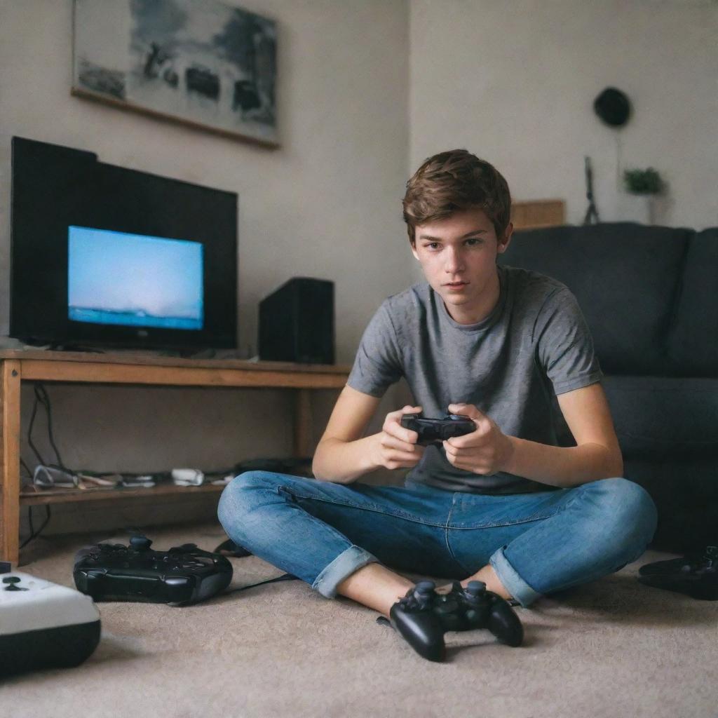 A teenage boy engrossed in playing video games in his room, surrounded by simple but modern gaming gadgets.