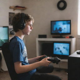 A teenage boy engrossed in playing video games in his room, surrounded by simple but modern gaming gadgets.