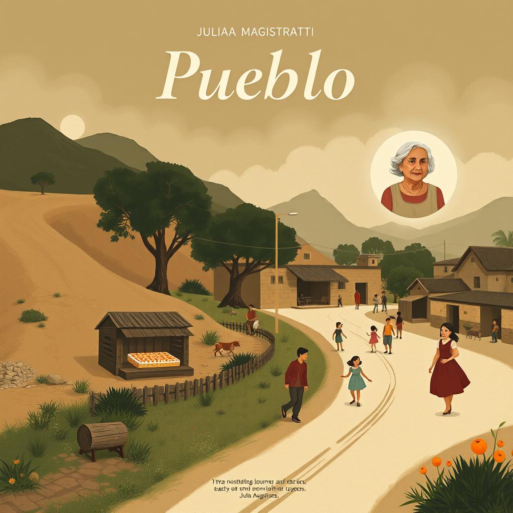 A movie poster design inspired by the book 'Pueblo' by Julia Magistratti, depicting a nostalgic journey back to her childhood village