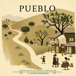 A movie poster design inspired by the book 'Pueblo' by Julia Magistratti, depicting a nostalgic journey back to her childhood village