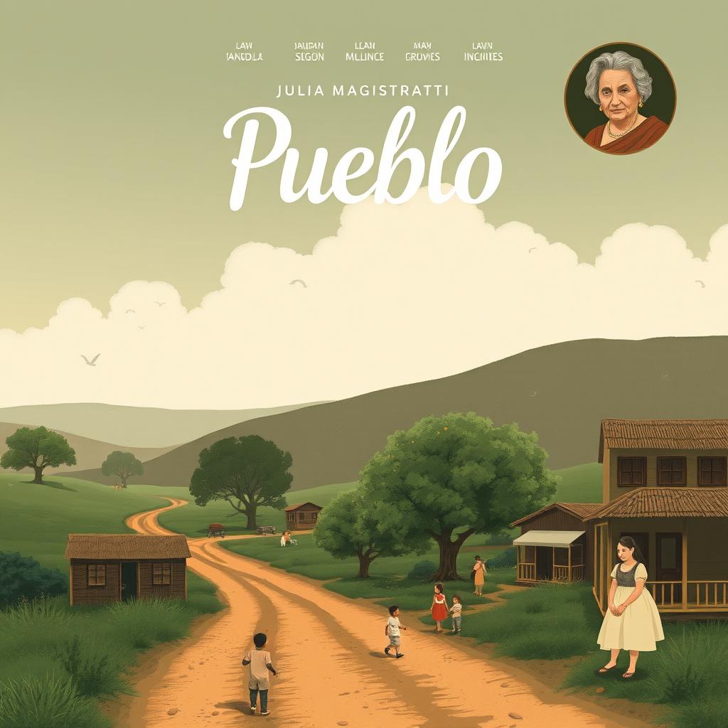 A movie poster design inspired by the book 'Pueblo' by Julia Magistratti, depicting a nostalgic journey back to her childhood village