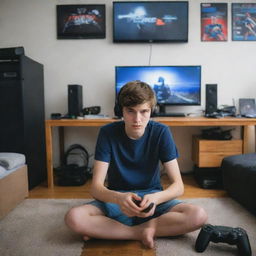 A teenage boy engrossed in playing video games in his room, surrounded by simple but modern gaming gadgets.