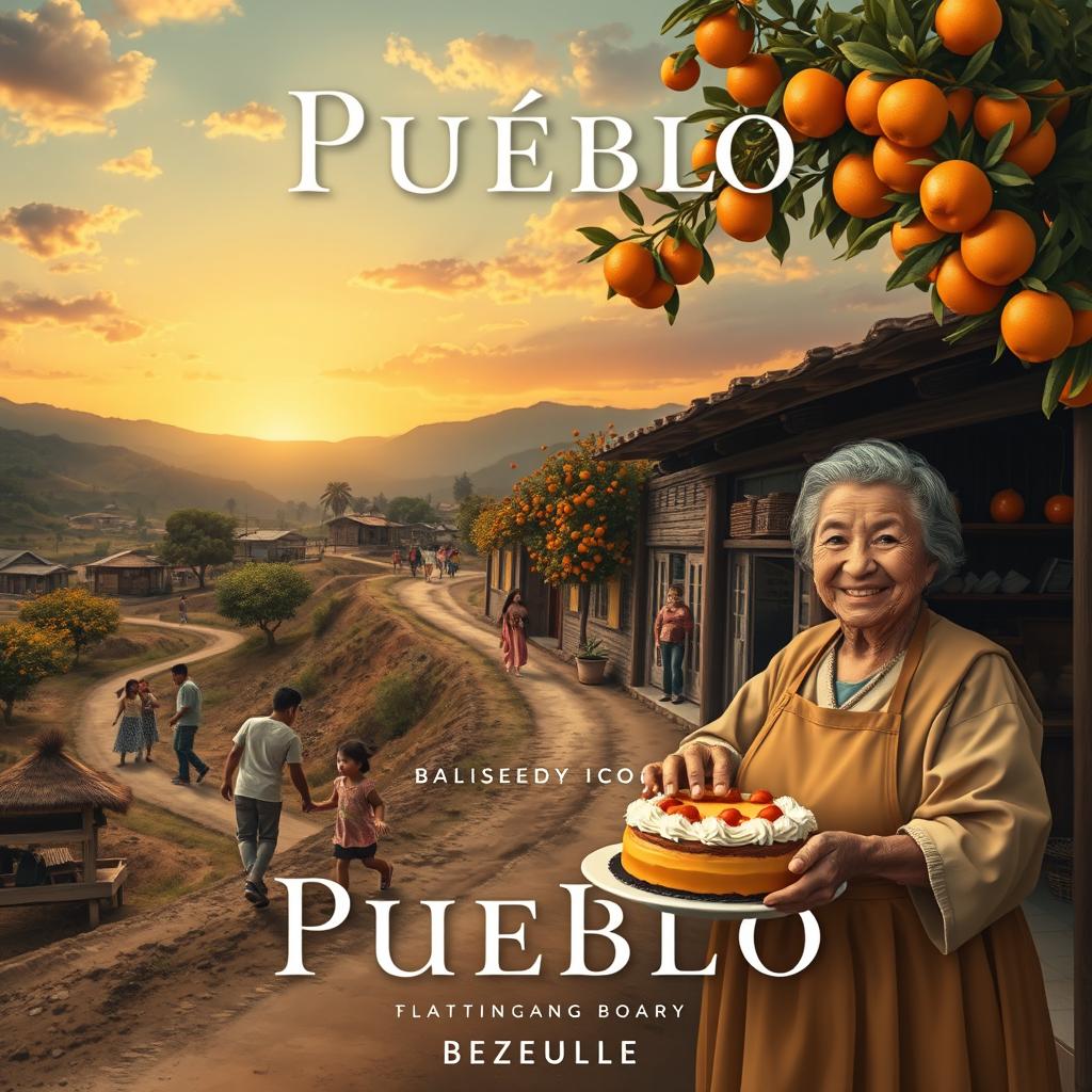 A movie poster based on the book 'Pueblo' by Julia Magistratti, depicting a nostalgic scene as the main character returns to her village