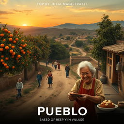 A movie poster based on the book 'Pueblo' by Julia Magistratti, depicting a nostalgic scene as the main character returns to her village