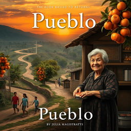 A movie poster based on the book 'Pueblo' by Julia Magistratti, depicting a nostalgic scene as the main character returns to her village