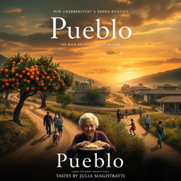 A movie poster based on the book 'Pueblo' by Julia Magistratti, depicting a nostalgic scene as the main character returns to her village