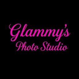 The phrase 'Glammy's Photo Studio' elegantly designed in vibrant pink text, prominently featured against a sleek black background