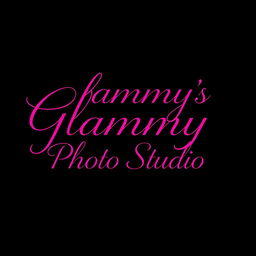 The phrase 'Glammy's Photo Studio' elegantly designed in vibrant pink text, prominently featured against a sleek black background