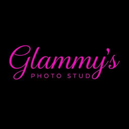 The phrase 'Glammy's Photo Studio' elegantly designed in vibrant pink text, prominently featured against a sleek black background