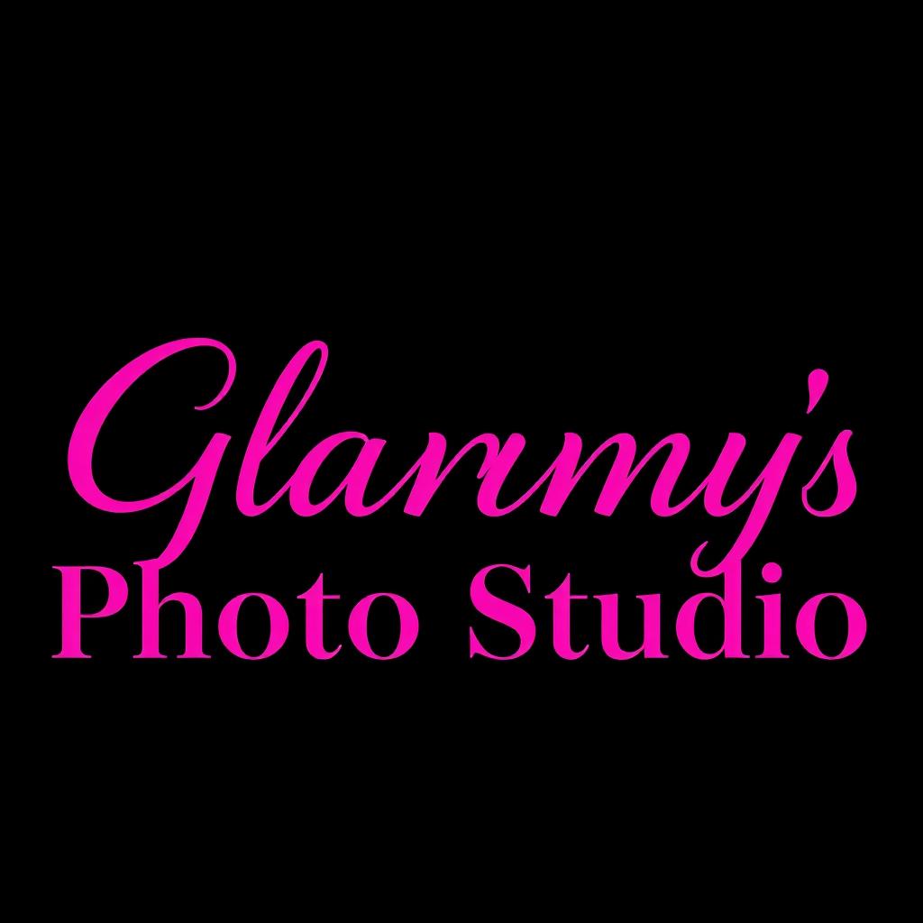 The phrase 'Glammy's Photo Studio' beautifully designed in bold, vibrant pink lettering against a sleek and elegant black background