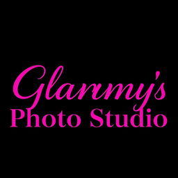 The phrase 'Glammy's Photo Studio' beautifully designed in bold, vibrant pink lettering against a sleek and elegant black background