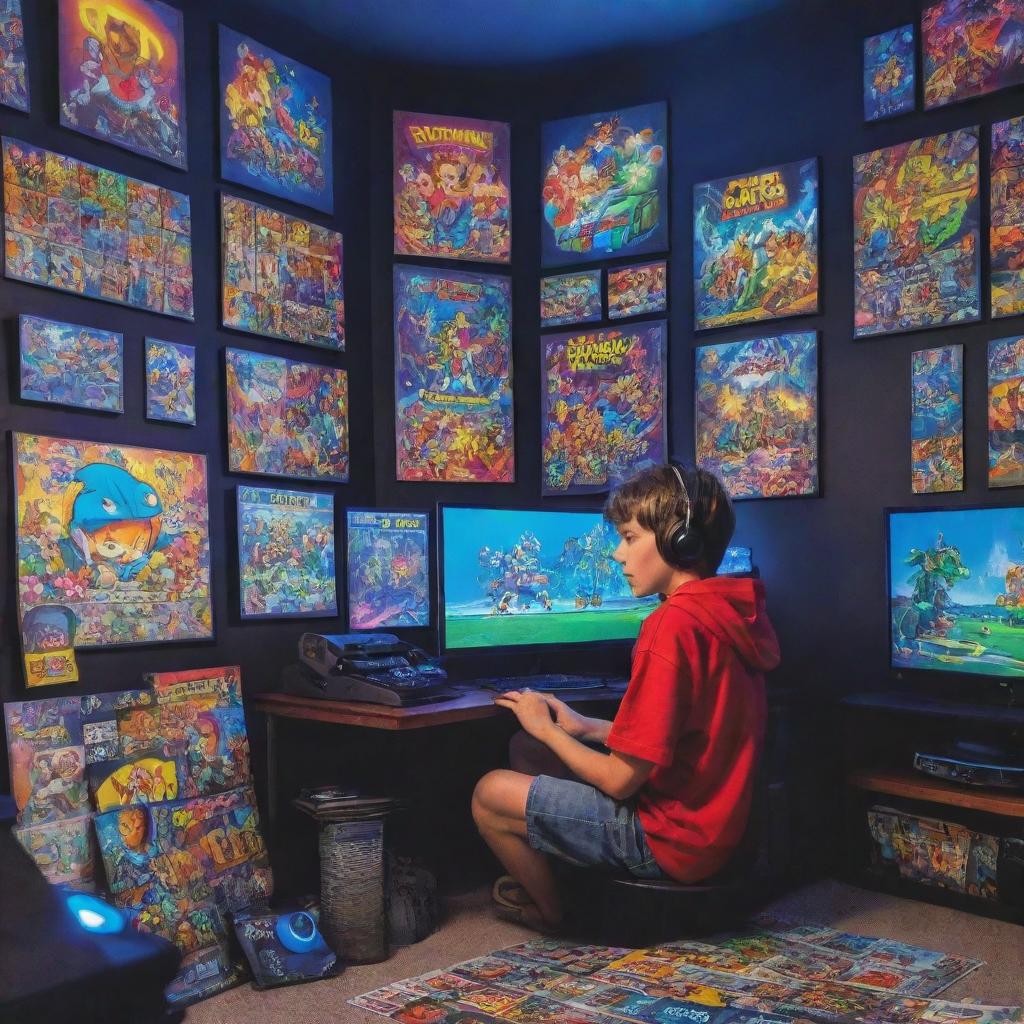 A brightly colored cartoon image of a young gamer boy engrossed in his games, sitting in a room filled with gaming posters, LED lights, and a high-end gaming setup.