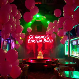 A festive scene depicting 'Glammy's Birthday Bash' inside an upscale strip club, filled with a vibrant atmosphere