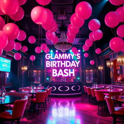 A festive scene depicting 'Glammy's Birthday Bash' inside an upscale strip club, filled with a vibrant atmosphere