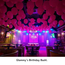 A festive scene depicting 'Glammy's Birthday Bash' inside an upscale strip club, filled with a vibrant atmosphere