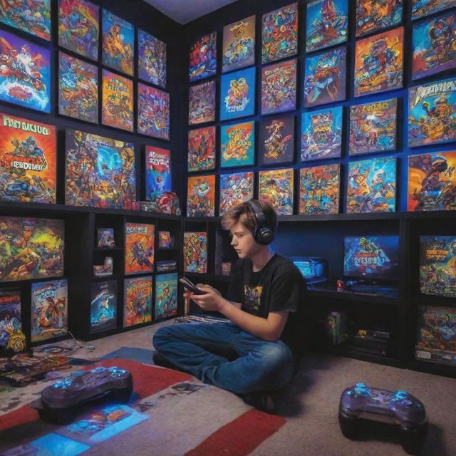 A brightly colored cartoon image of a young gamer boy engrossed in his games, sitting in a room filled with gaming posters, LED lights, and a high-end gaming setup.