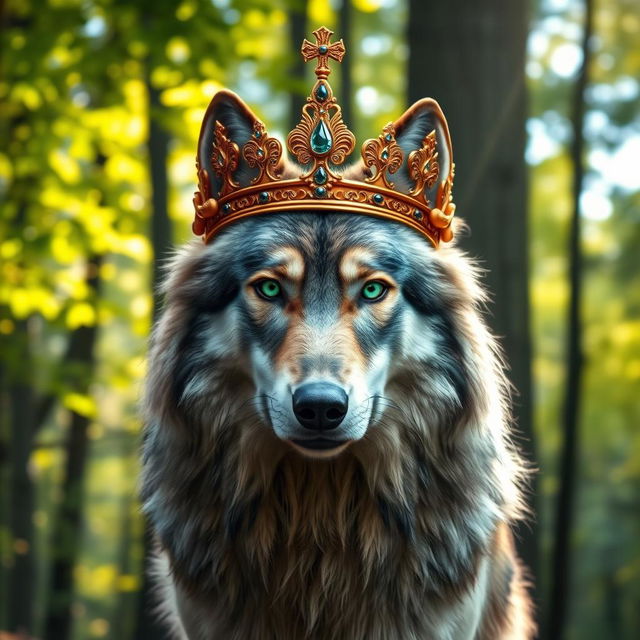 A majestic wolf wearing a royal crown, standing proud in a lush green forest