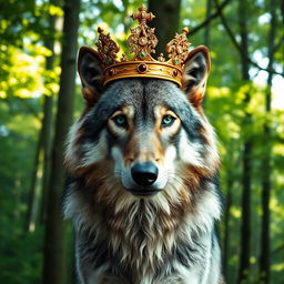 A majestic wolf wearing a royal crown, standing proud in a lush green forest