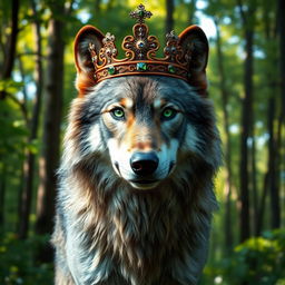 A majestic wolf wearing a royal crown, standing proud in a lush green forest