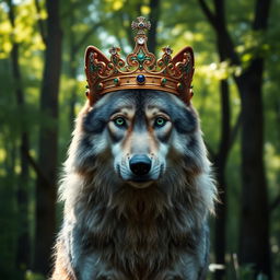 A majestic wolf wearing a royal crown, standing proud in a lush green forest