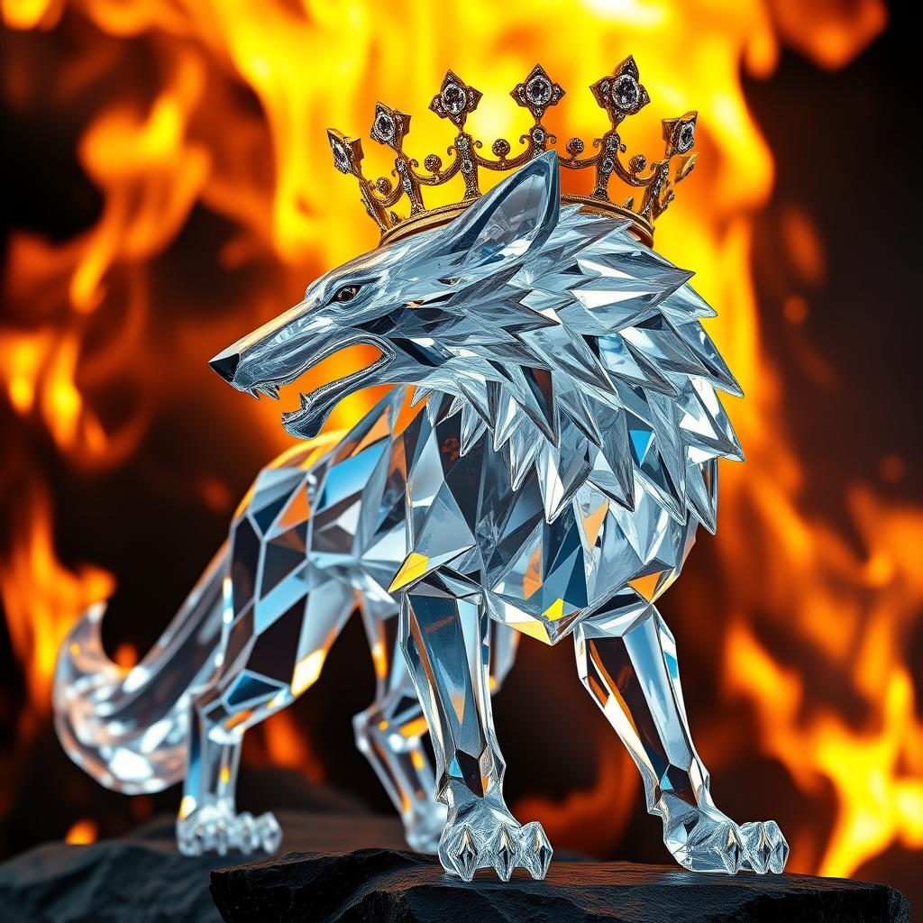 A stunning crystal wolf wearing a golden crown encrusted with diamonds, positioned against a dramatic background of flames engulfing a darkened environment