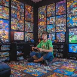 A brightly colored cartoon image of a young gamer boy engrossed in his games, sitting in a room filled with gaming posters, LED lights, and a high-end gaming setup.