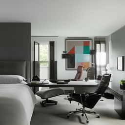 A modern, masculine bedroom that also includes a functional work office. The room balances comfort and productivity, with a king-size bed, slick office desk, ergonomic chair, and contemporary art on cool-toned walls.