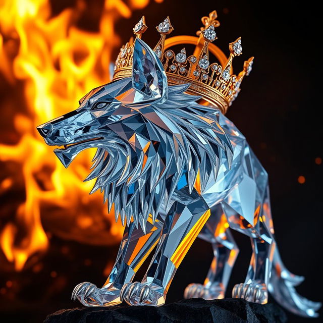 A stunning crystal wolf wearing a golden crown encrusted with diamonds, positioned against a dramatic background of flames engulfing a darkened environment