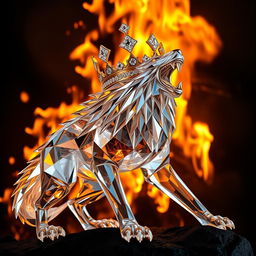 A stunning crystal wolf wearing a golden crown encrusted with diamonds, positioned against a dramatic background of flames engulfing a darkened environment