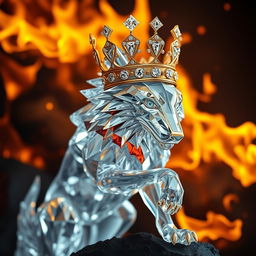 A stunning crystal wolf wearing a golden crown encrusted with diamonds, positioned against a dramatic background of flames engulfing a darkened environment